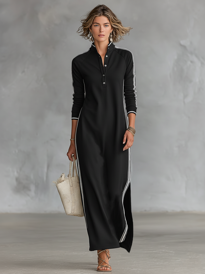 Montarello Women's Long-Sleeve Button Collar Side Stripe Maxi Dress