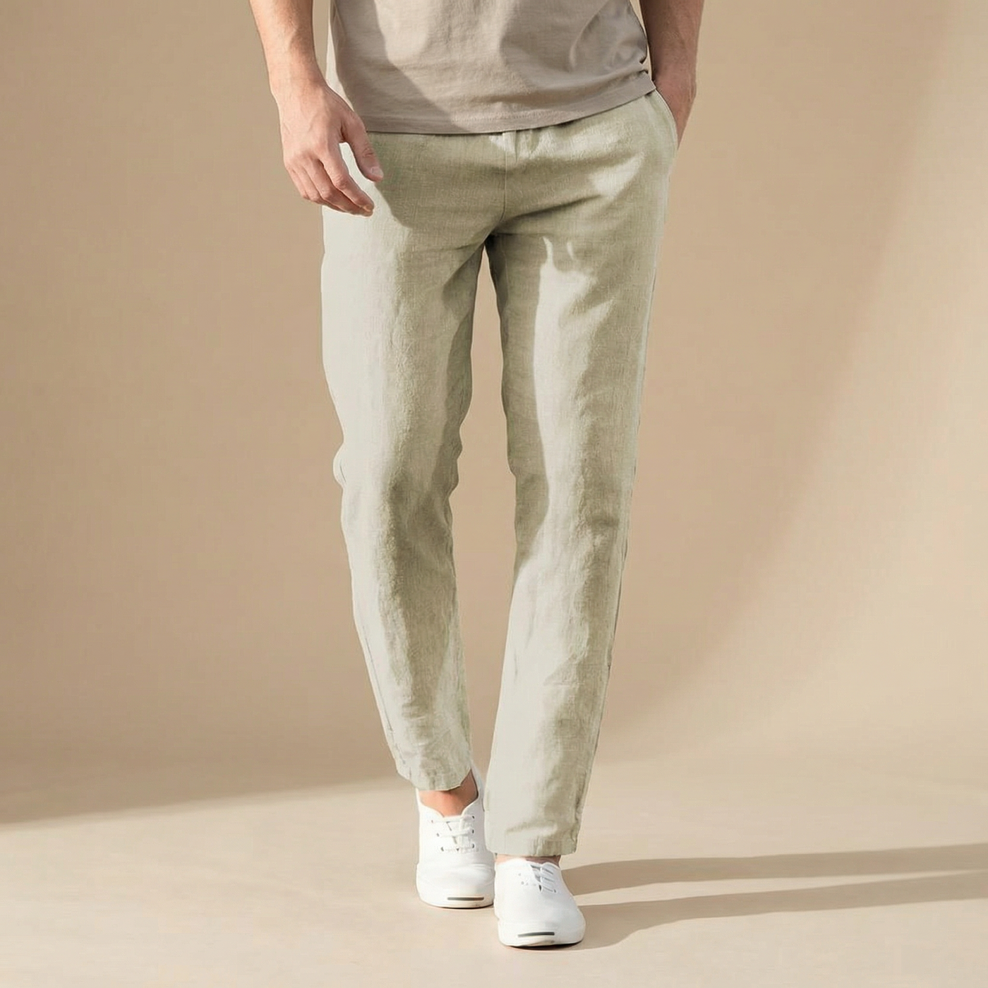 Montarello Men's Straight-Leg Linen-Look Elastic Waist Summer Trousers