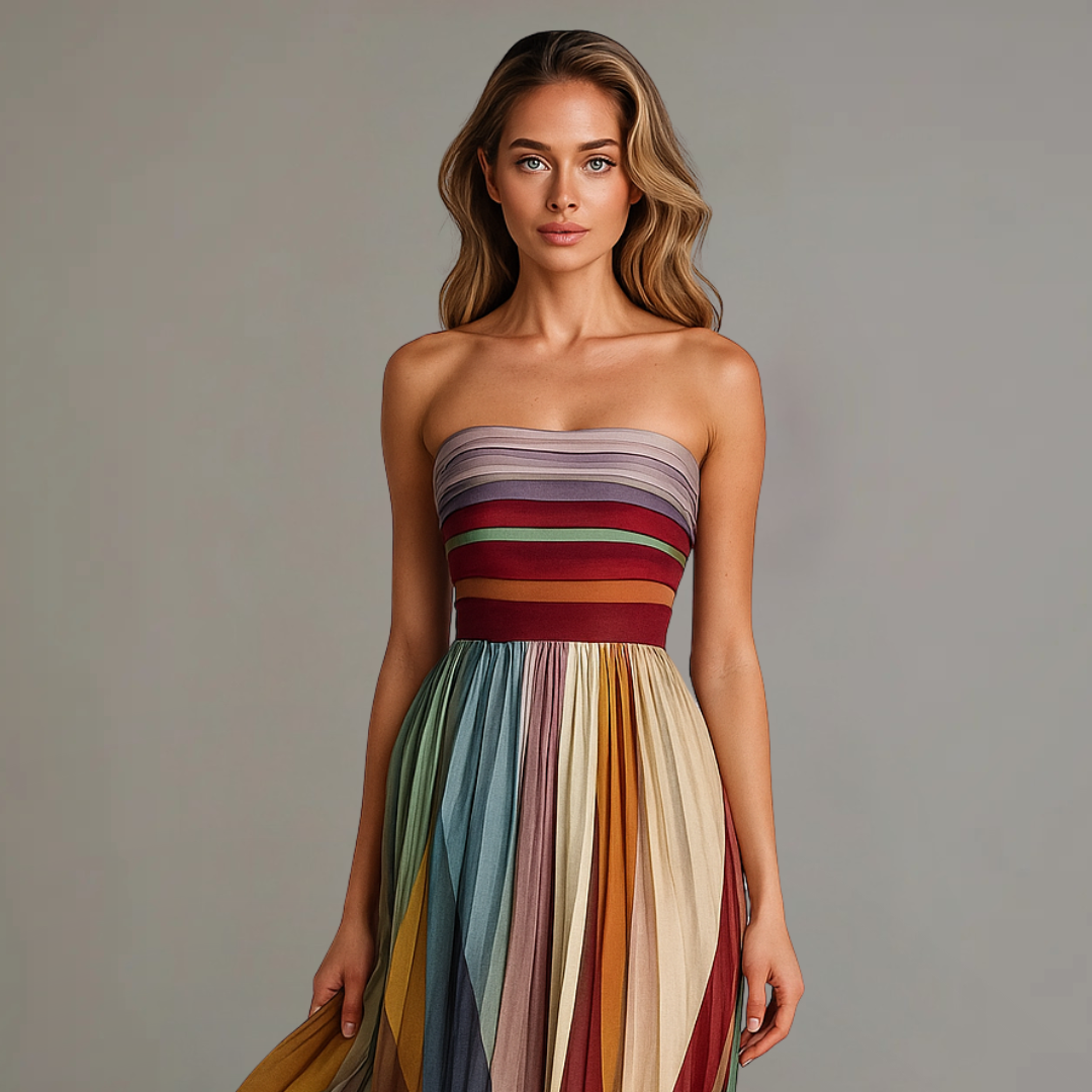 Montarello Women's Strapless Pleated Bold Stripe Maxi Dress