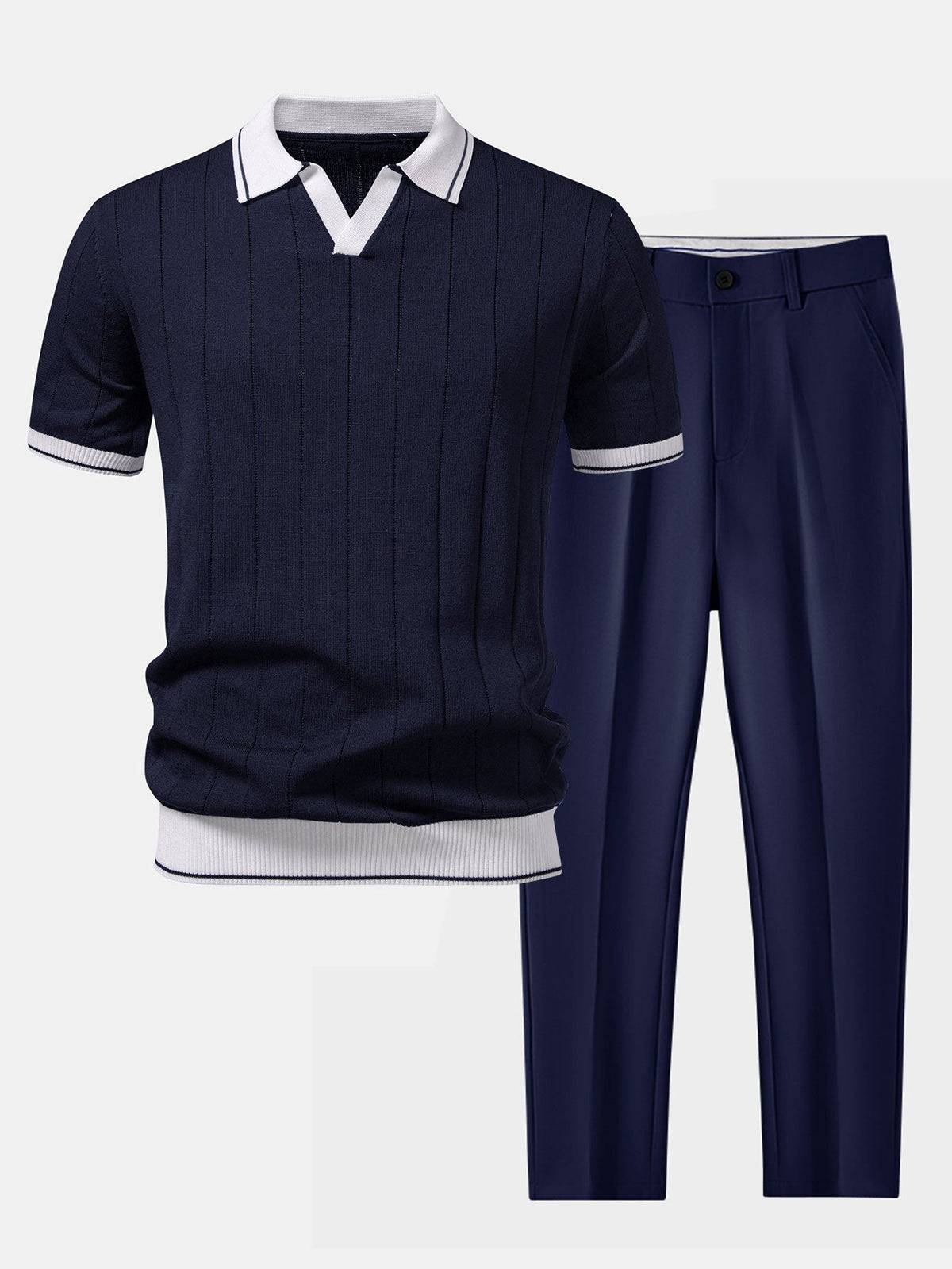 Zestaw męski Montarello: prążkowany sweter polo i zwężane spodnie w stylu smart casual