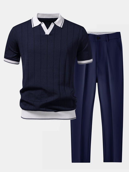 Montarello Men's Ribbed-Knit Polo and Tapered Trousers Smart Casual Set