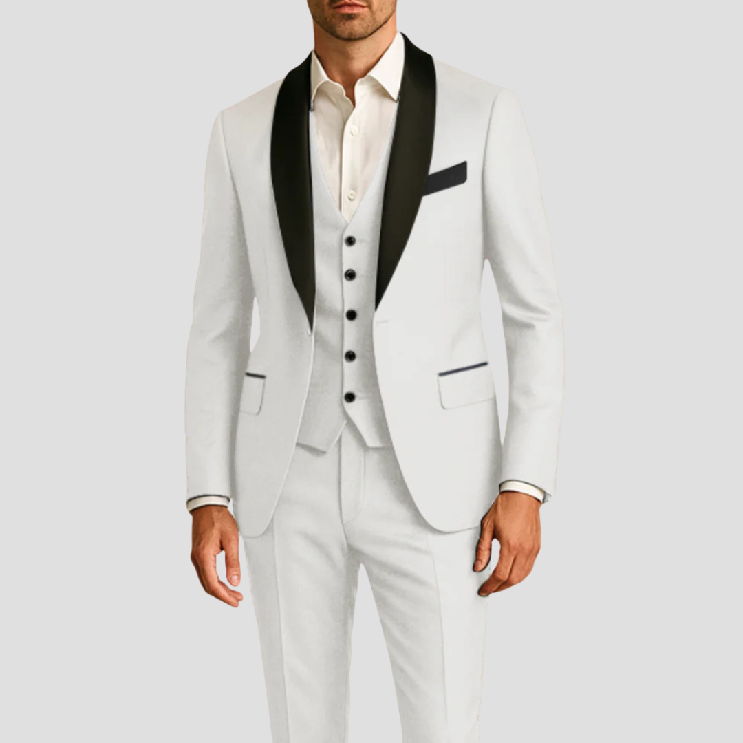 Montarello Men's Slim Fit Tuxedo 3-Piece Suit – Contrast Lapel Blazer Set