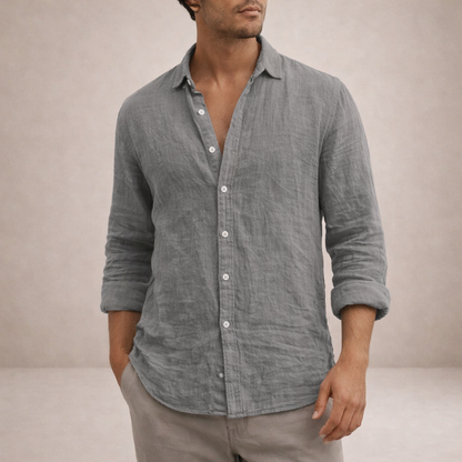 Montarello Men's Linen-Look Open Collar Shirt Long Sleeve