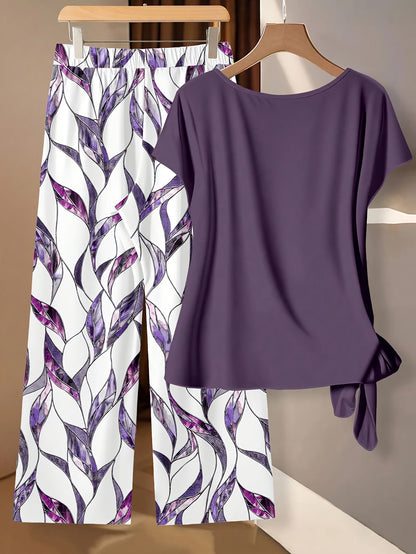 Montarello Leaf Print Women's 2-Piece Top & Trouser Set