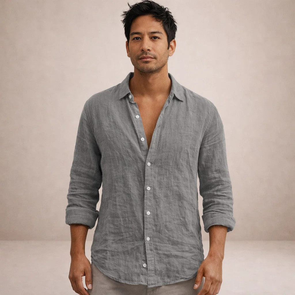 Montarello Men's Linen-Look Open Collar Shirt Long Sleeve