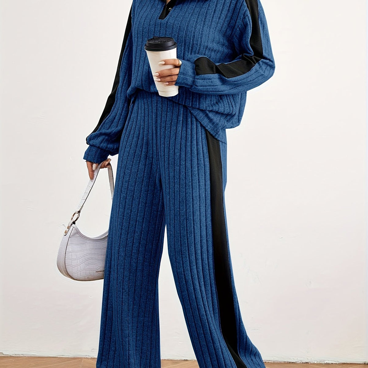 Montarello Women's Lounge Set Striped Knit Contrast Trim Two Piece