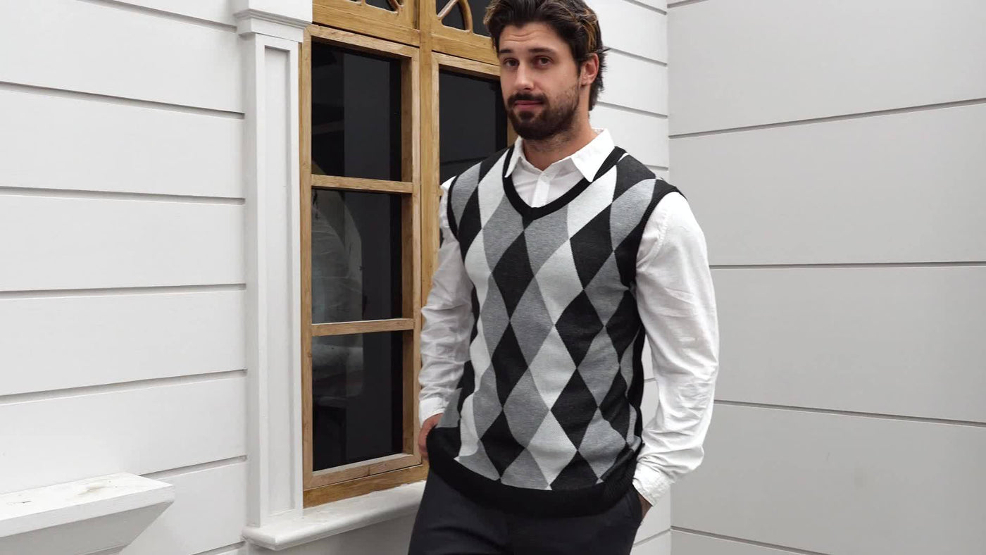 Montarello Men's Sweater Vest Argyle Knitted V-Neck
