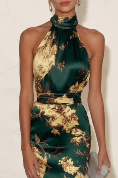 Robe midi à fleurs en satin à col licou pour femme Montarello  