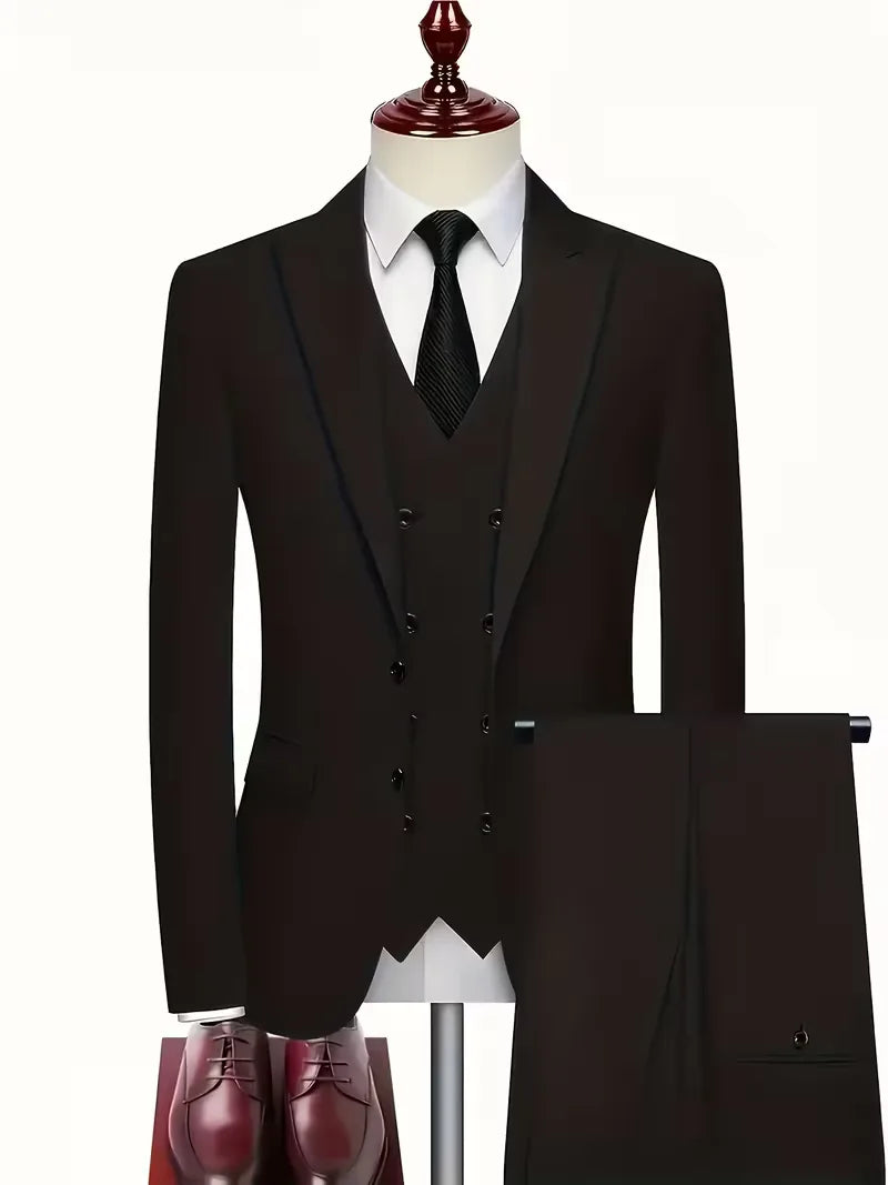 Montarello Men's Slim Fit Three-Piece Suit with Double-Breasted Waistcoat