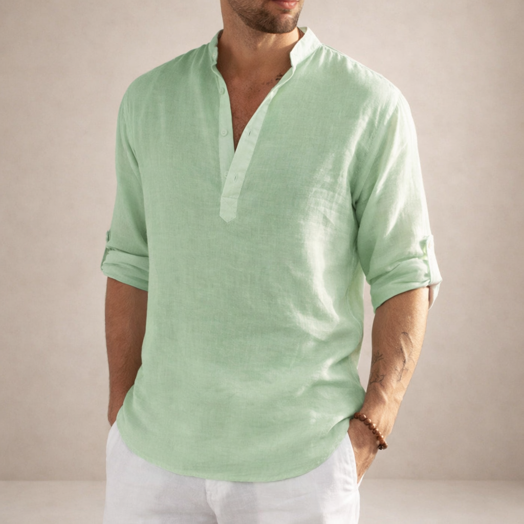 Montarello Men's Linen-Look Stand Collar Shirt Long Sleeve