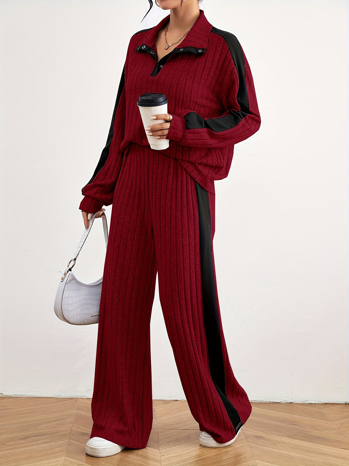 Montarello Women's Lounge Set Striped Knit Contrast Trim Two Piece