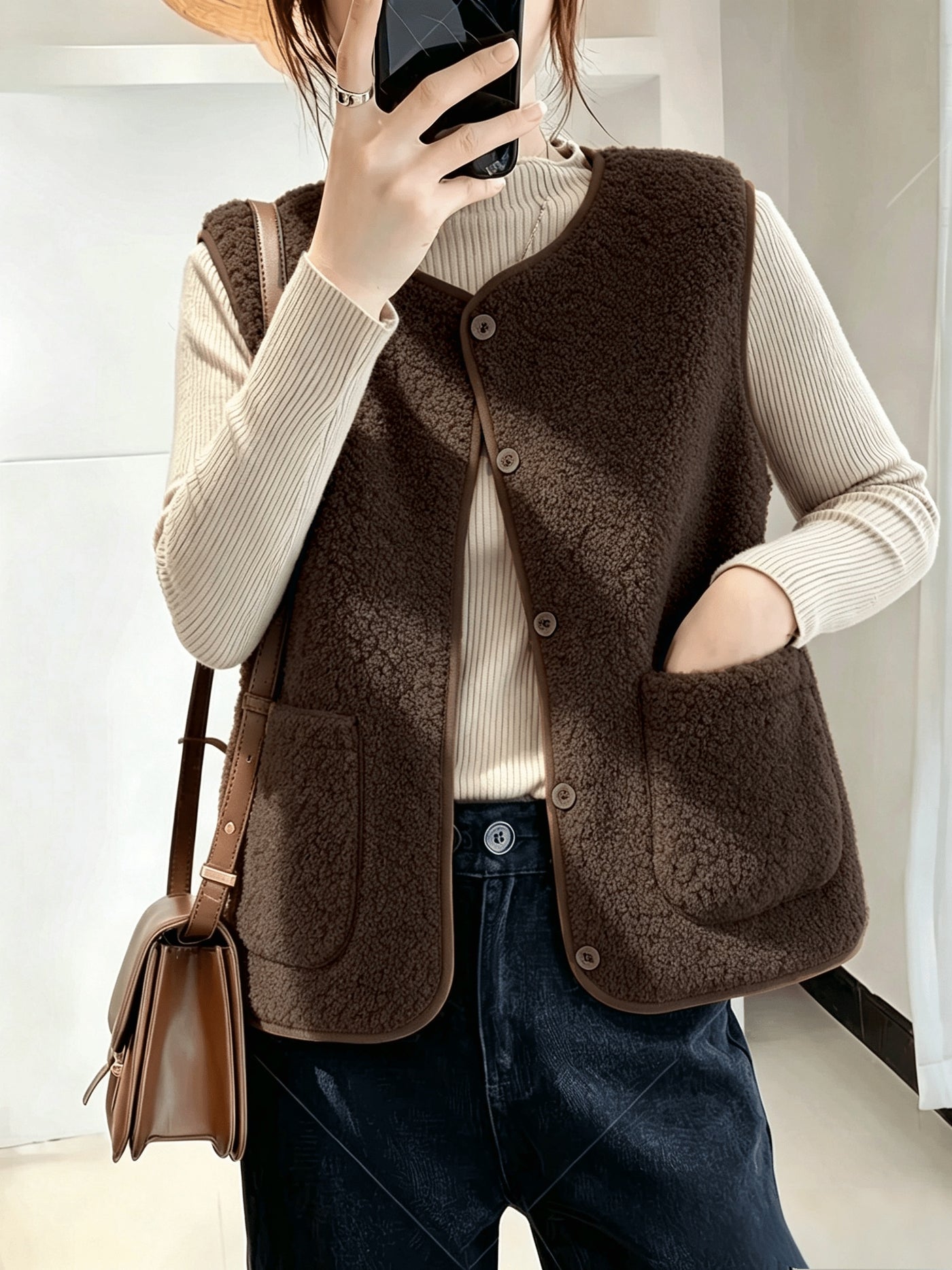 Montarello Women's Gilet Borg Teddy Button Front