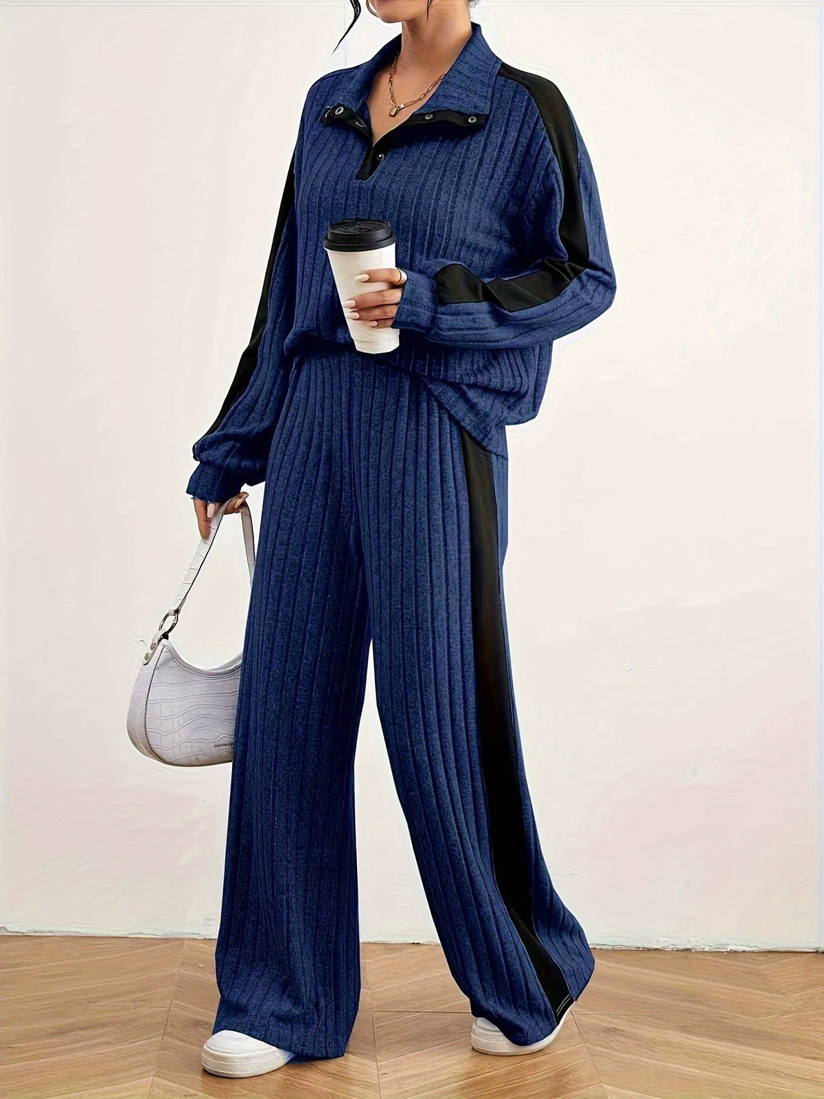 Montarello Women's Lounge Set Striped Knit Contrast Trim Two Piece