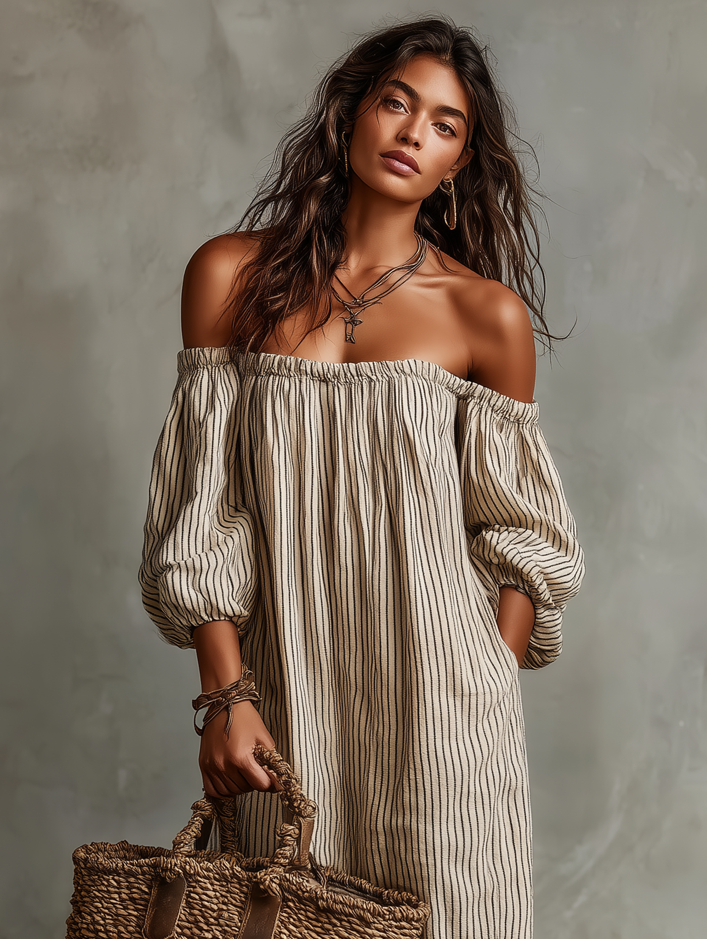 Montarello Women's Off-Shoulder Long-Sleeve Linen-Look Maxi Beach Dress