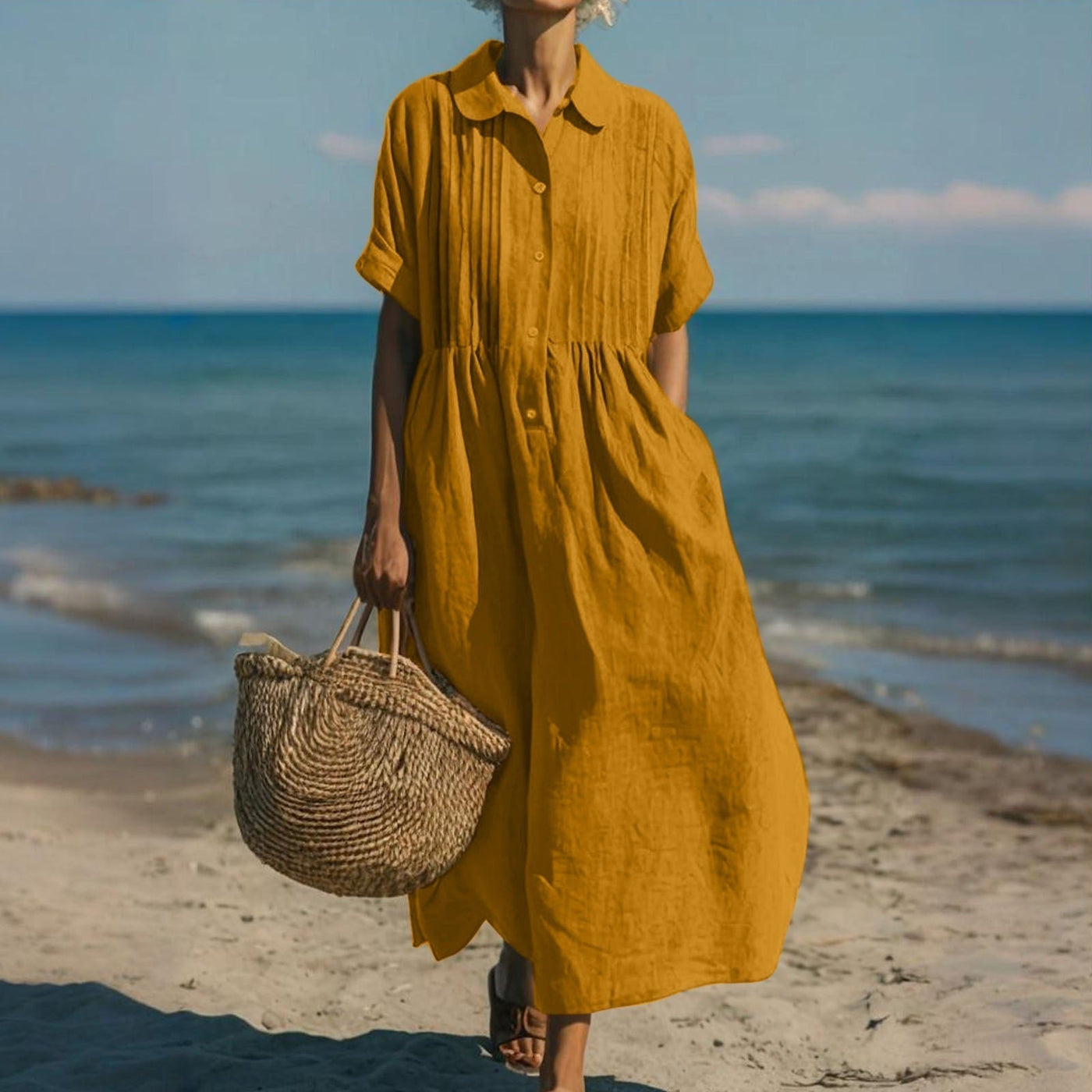 Montarello Women's Short-Sleeve Linen-Look Collared Midi Shirt Dress
