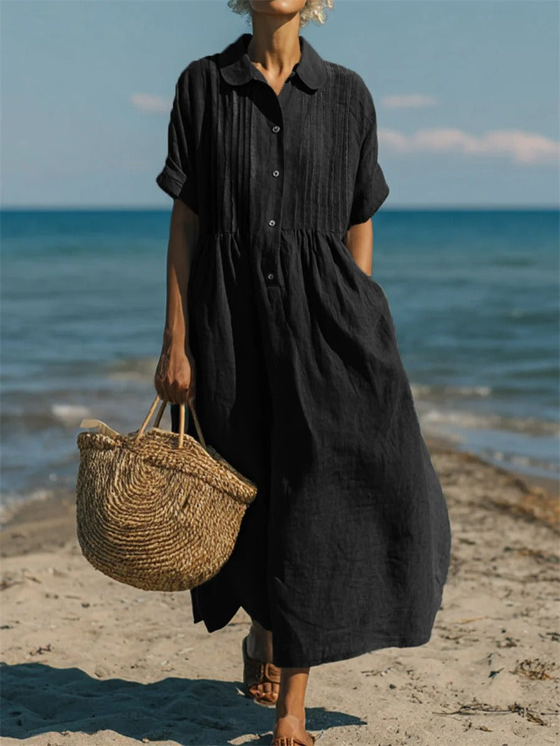 Montarello Women's Short-Sleeve Linen-Look Collared Midi Shirt Dress