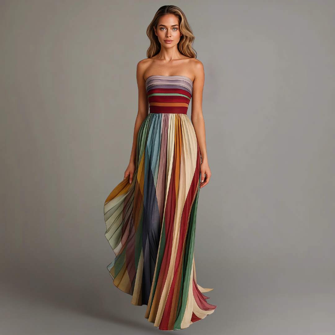 Montarello Women's Strapless Pleated Bold Stripe Maxi Dress