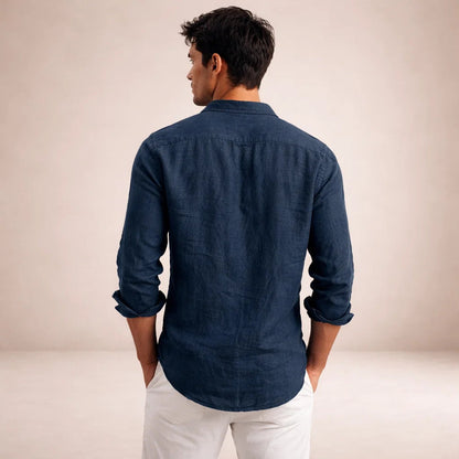 Montarello Men's Linen-Look Open Collar Shirt Long Sleeve