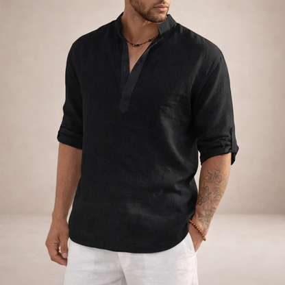 Montarello Men's Linen-Look Stand Collar Shirt Long Sleeve