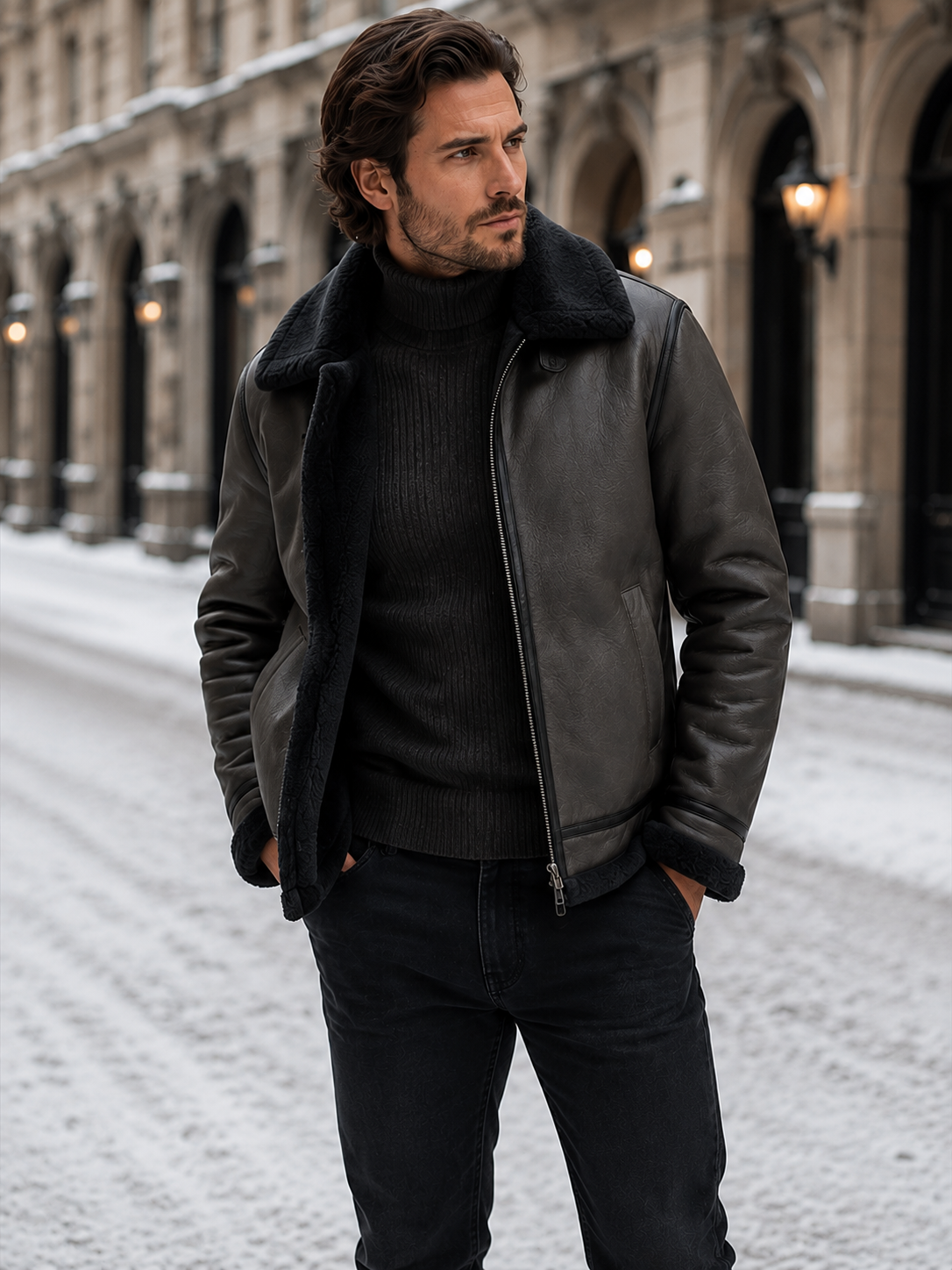 Montarello Men's Aviator Jacket Leather-Look Shearling