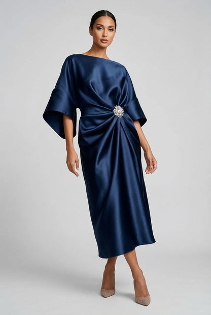 Montarello Women's Satin-Look Batwing Sleeve Wedding Guest Midi Dress