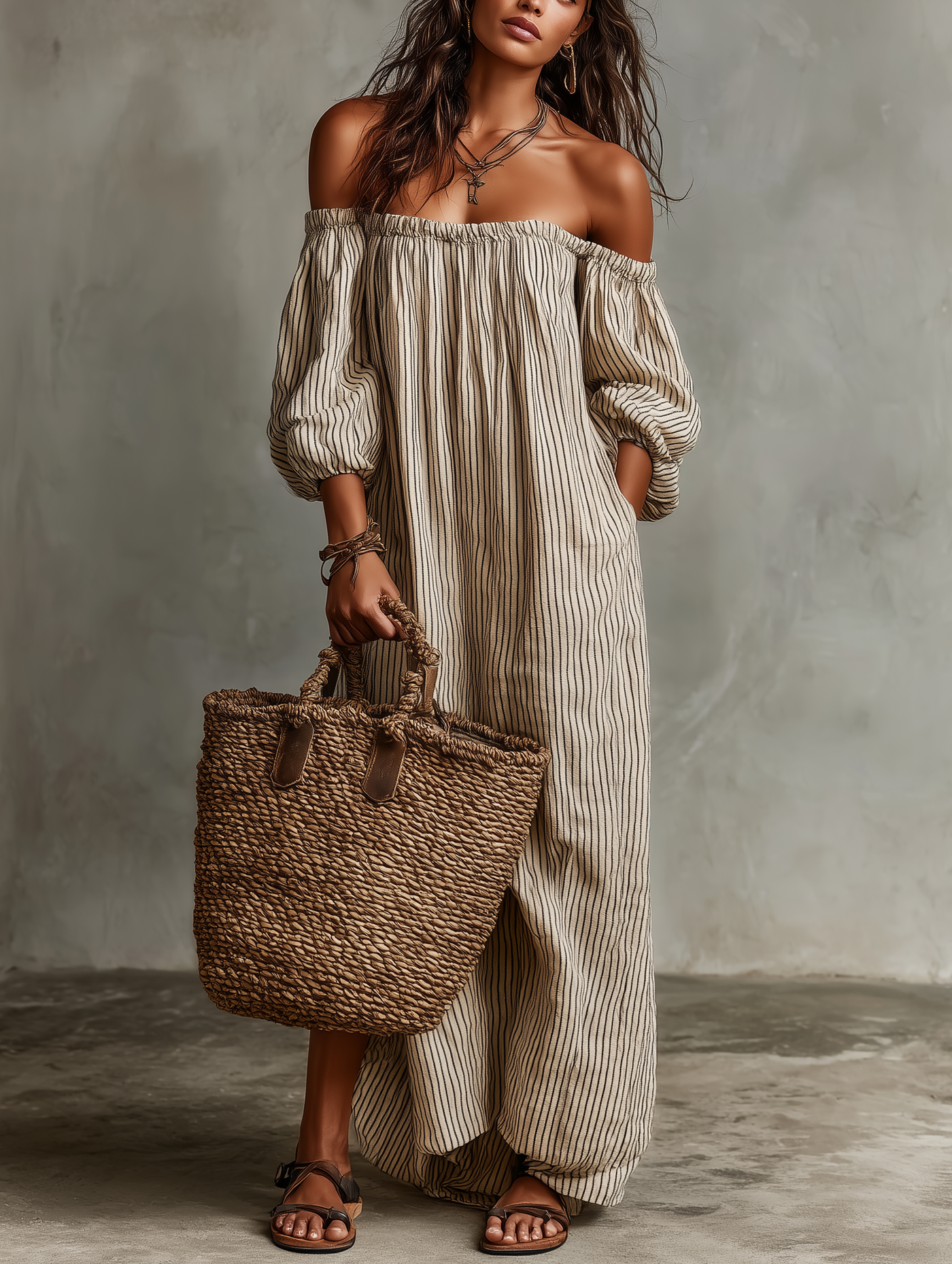 Montarello Women's Off-Shoulder Long-Sleeve Linen-Look Maxi Beach Dress