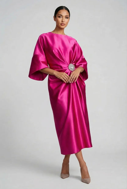 Montarello Women's Satin-Look Batwing Sleeve Wedding Guest Midi Dress
