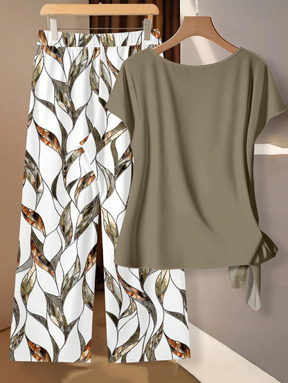 Montarello Leaf Print Women's 2-Piece Top & Trouser Set