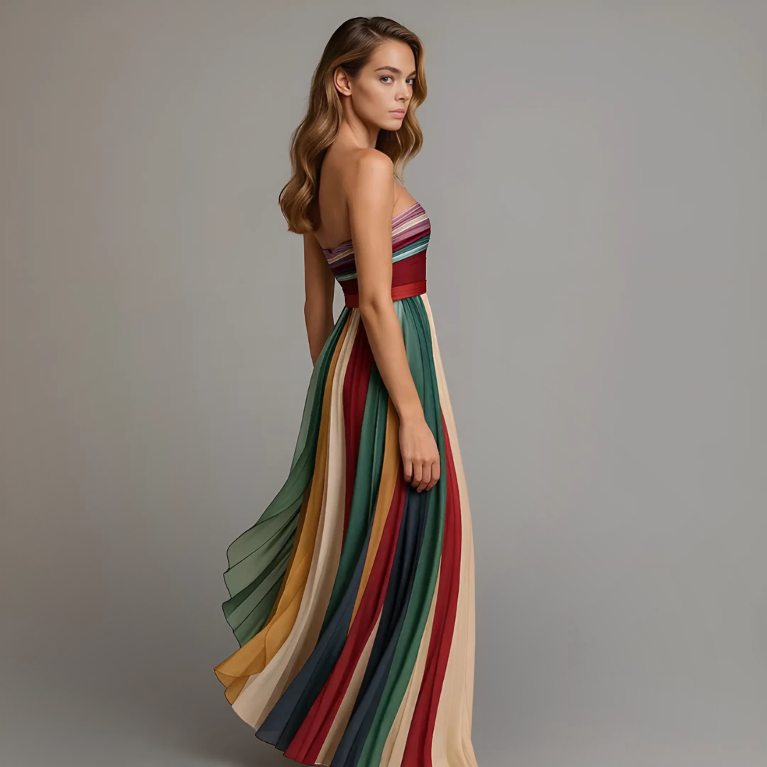 Montarello Women's Strapless Pleated Bold Stripe Maxi Dress
