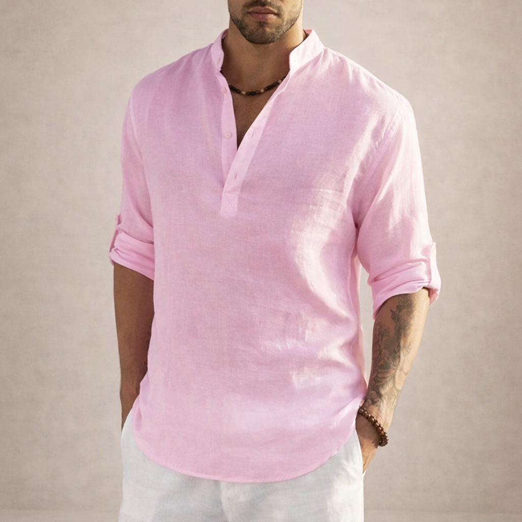Montarello Men's Linen-Look Stand Collar Shirt Long Sleeve