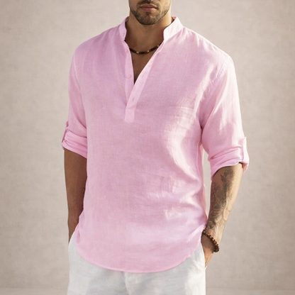 Montarello Men's Linen-Look Stand Collar Shirt Long Sleeve