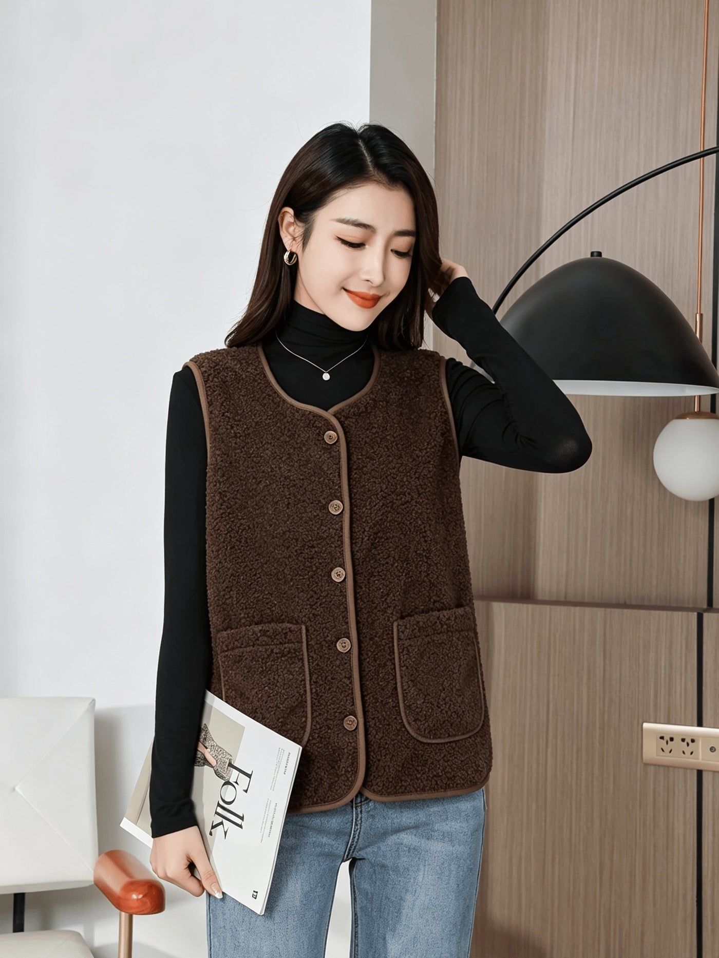 Montarello Women's Gilet Borg Teddy Button Front