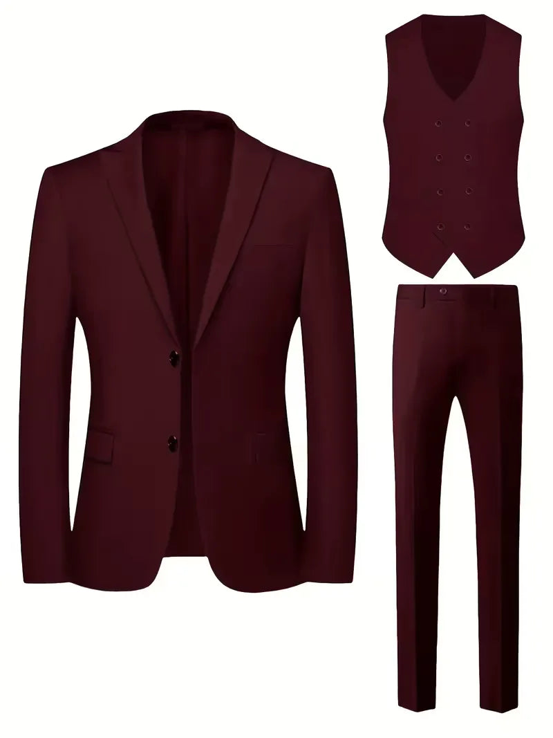 Montarello Men's Slim Fit Three-Piece Suit with Double-Breasted Waistcoat