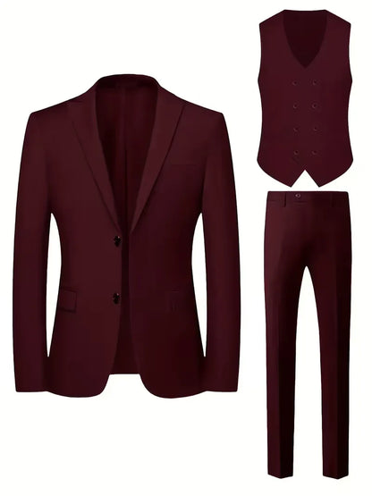 Montarello Men's Slim Fit Three-Piece Suit with Double-Breasted Waistcoat