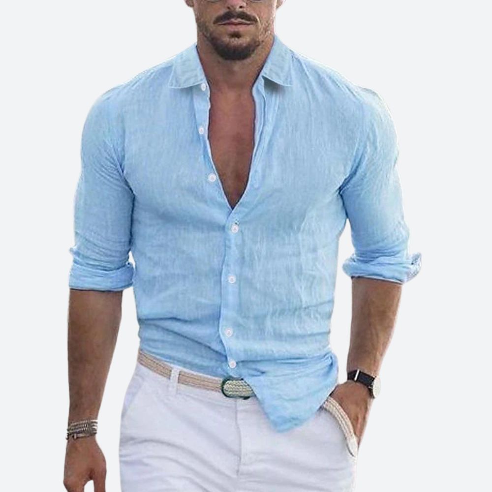 Montarello Men's Linen-Look Slim Fit Shirt Open Collar