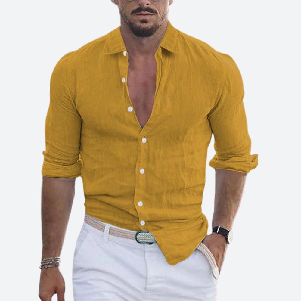 Montarello Men's Linen-Look Slim Fit Shirt Open Collar