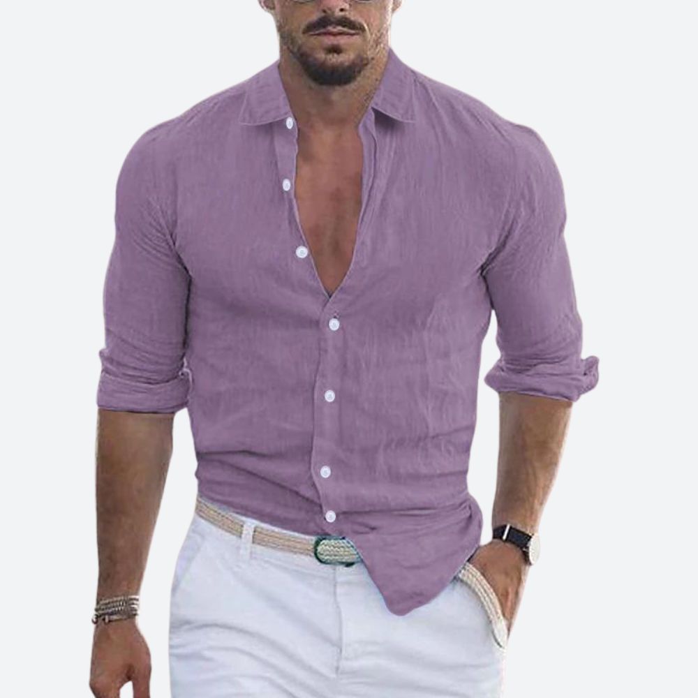 Montarello Men's Linen-Look Slim Fit Shirt Open Collar