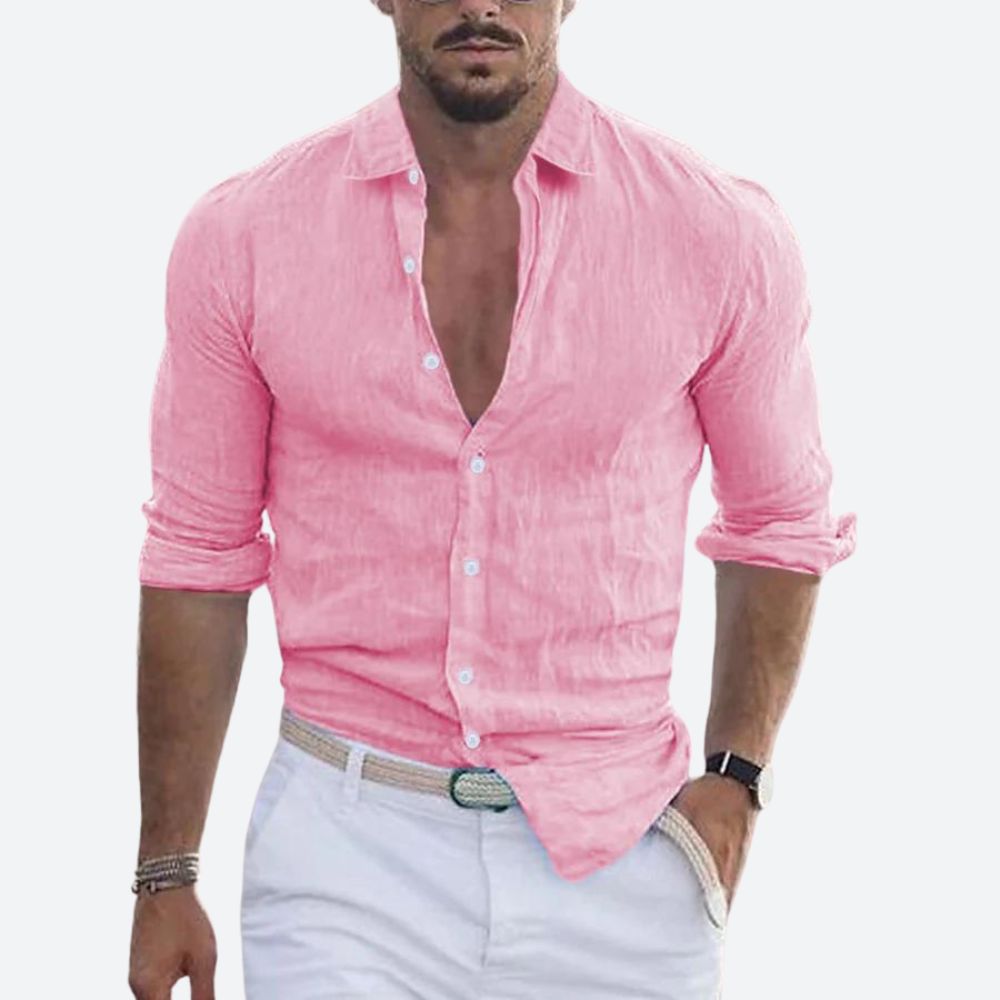 Montarello Men's Linen-Look Slim Fit Shirt Open Collar