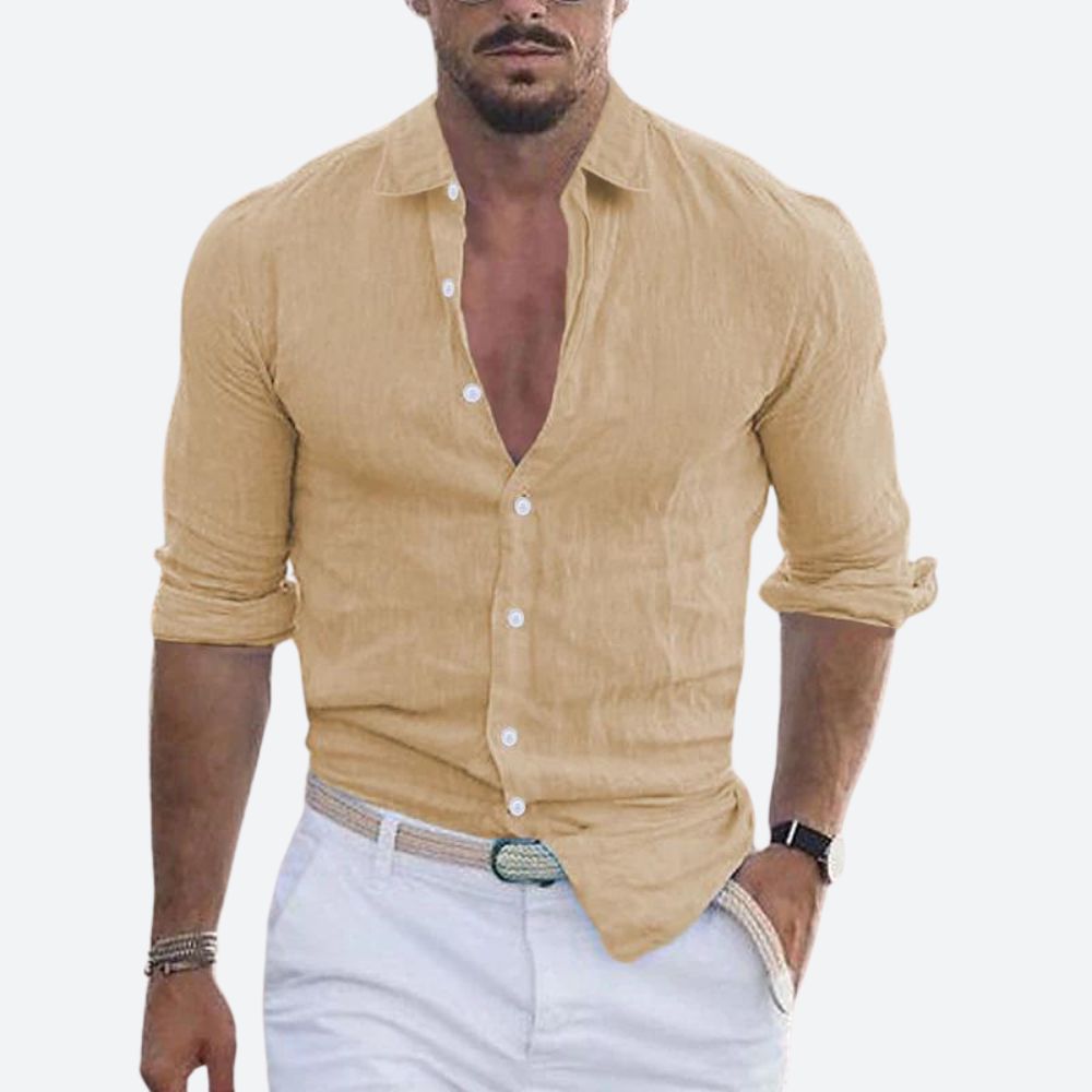Montarello Men's Linen-Look Slim Fit Shirt Open Collar