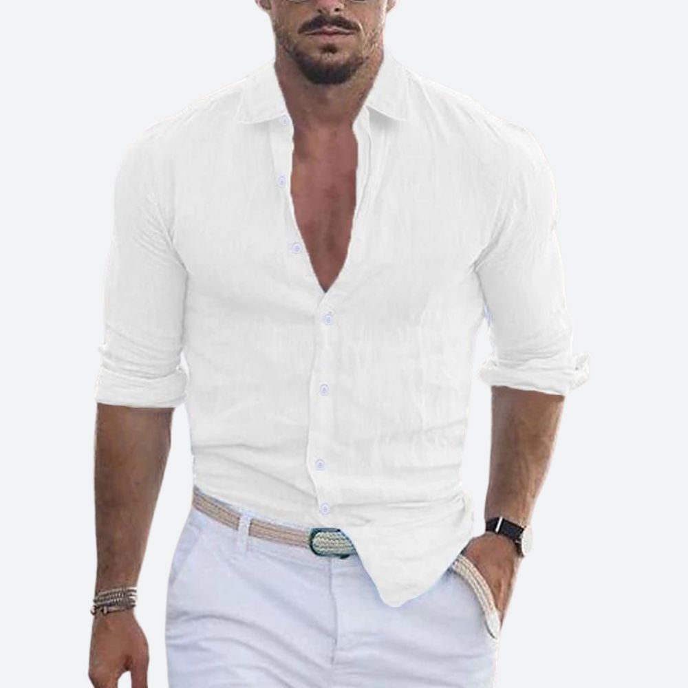Montarello Men's Linen-Look Slim Fit Shirt Open Collar