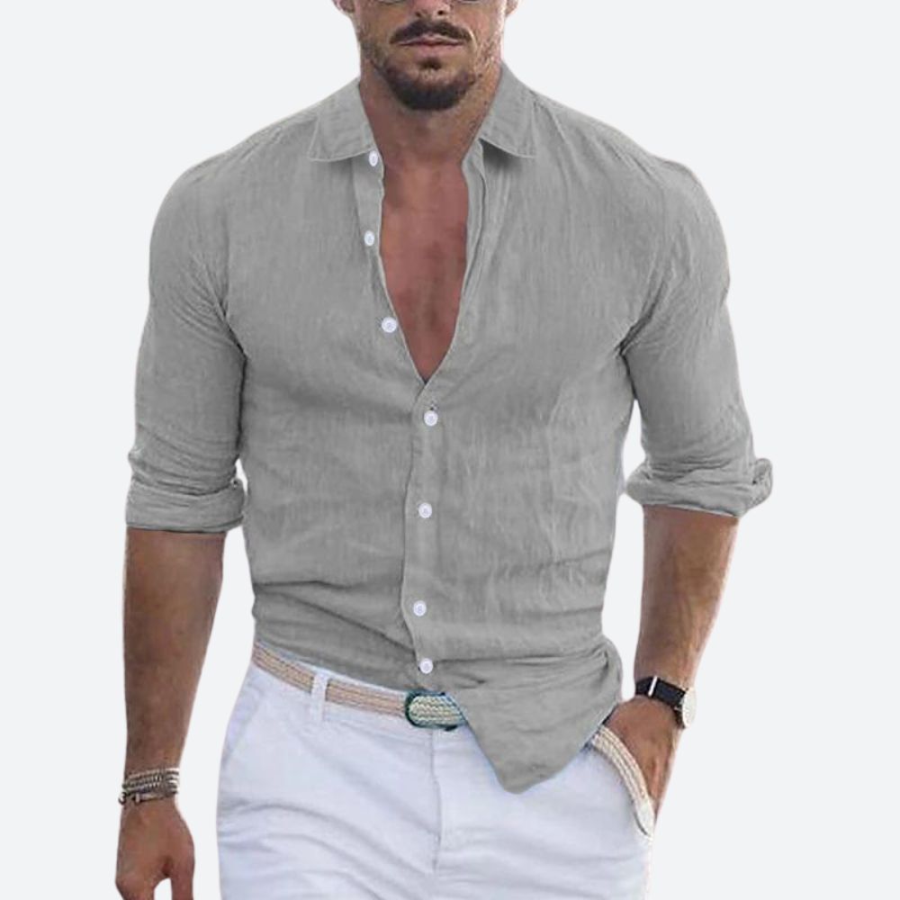 Montarello Men's Linen-Look Slim Fit Shirt Open Collar