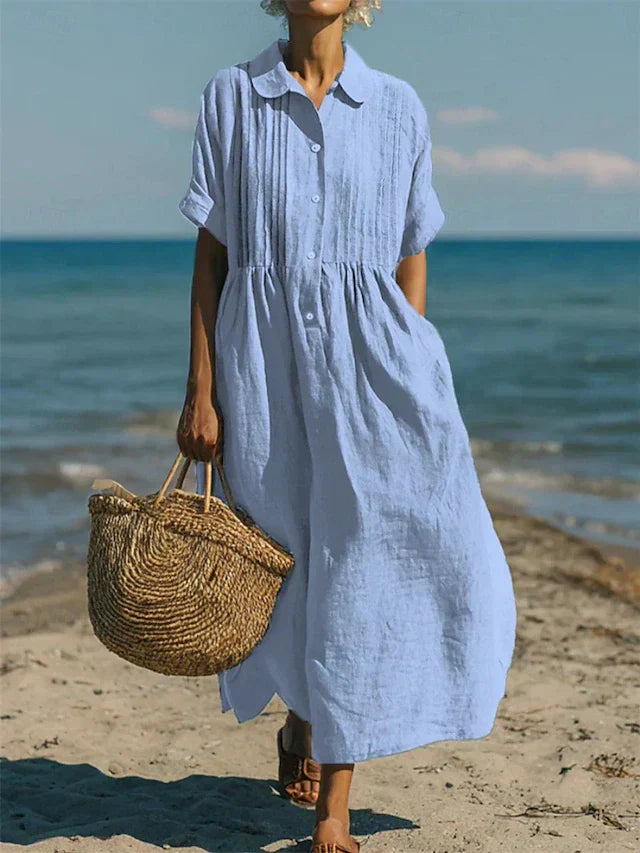 Montarello Women's Short-Sleeve Linen-Look Collared Midi Shirt Dress