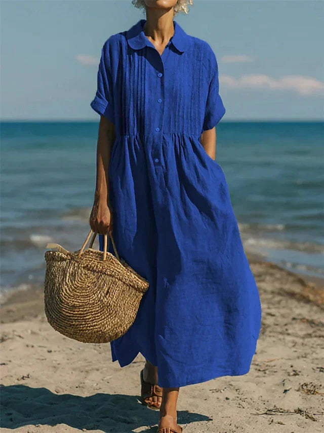 Montarello Women's Short-Sleeve Linen-Look Collared Midi Shirt Dress