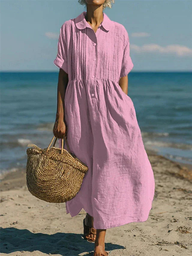 Montarello Women's Short-Sleeve Linen-Look Collared Midi Shirt Dress