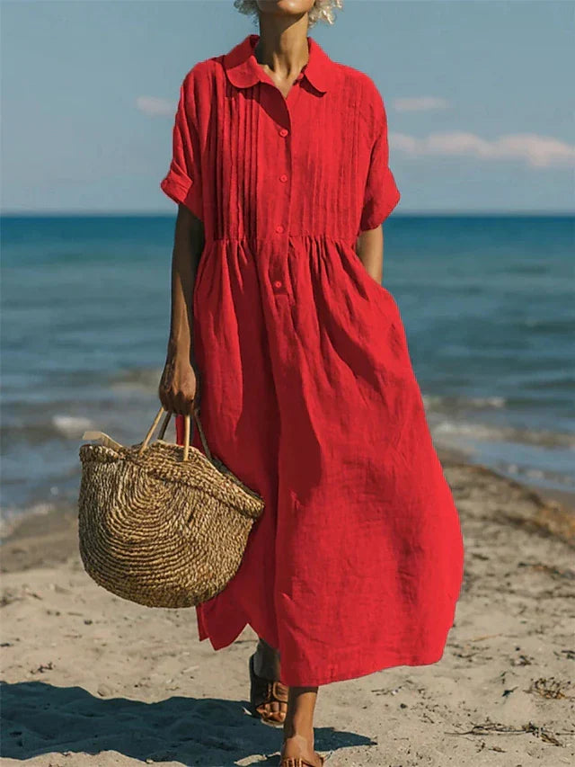 Montarello Women's Short-Sleeve Linen-Look Collared Midi Shirt Dress