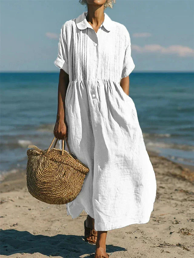 Montarello Women's Short Sleeve Button-Front Collared Midi Shirt Dress