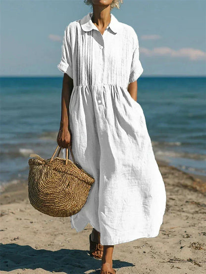 Montarello Women's Short Sleeve Button-Front Collared Midi Shirt Dress