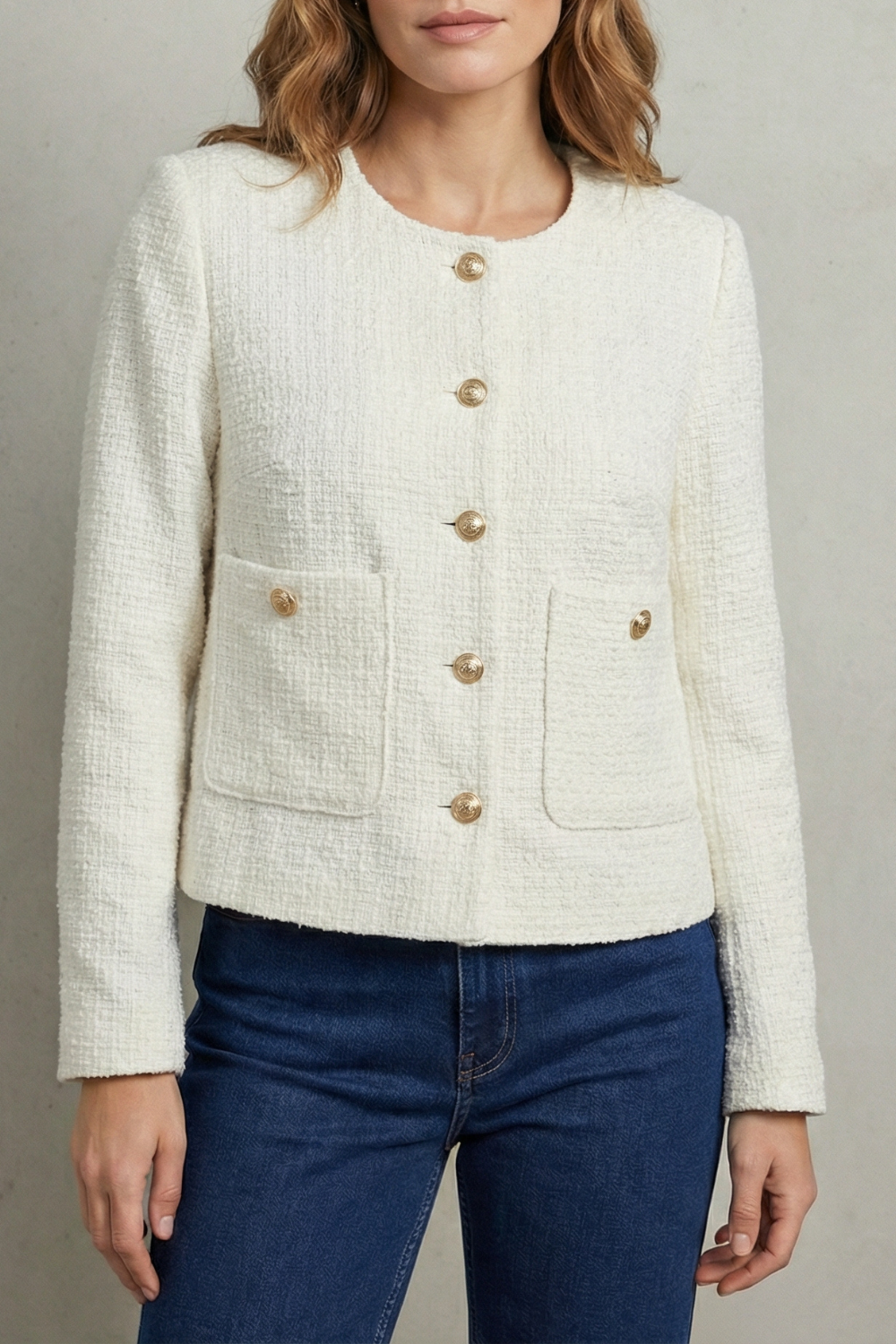 Montarello Women's Cropped Blazer with Round Neck and Gold Buttons