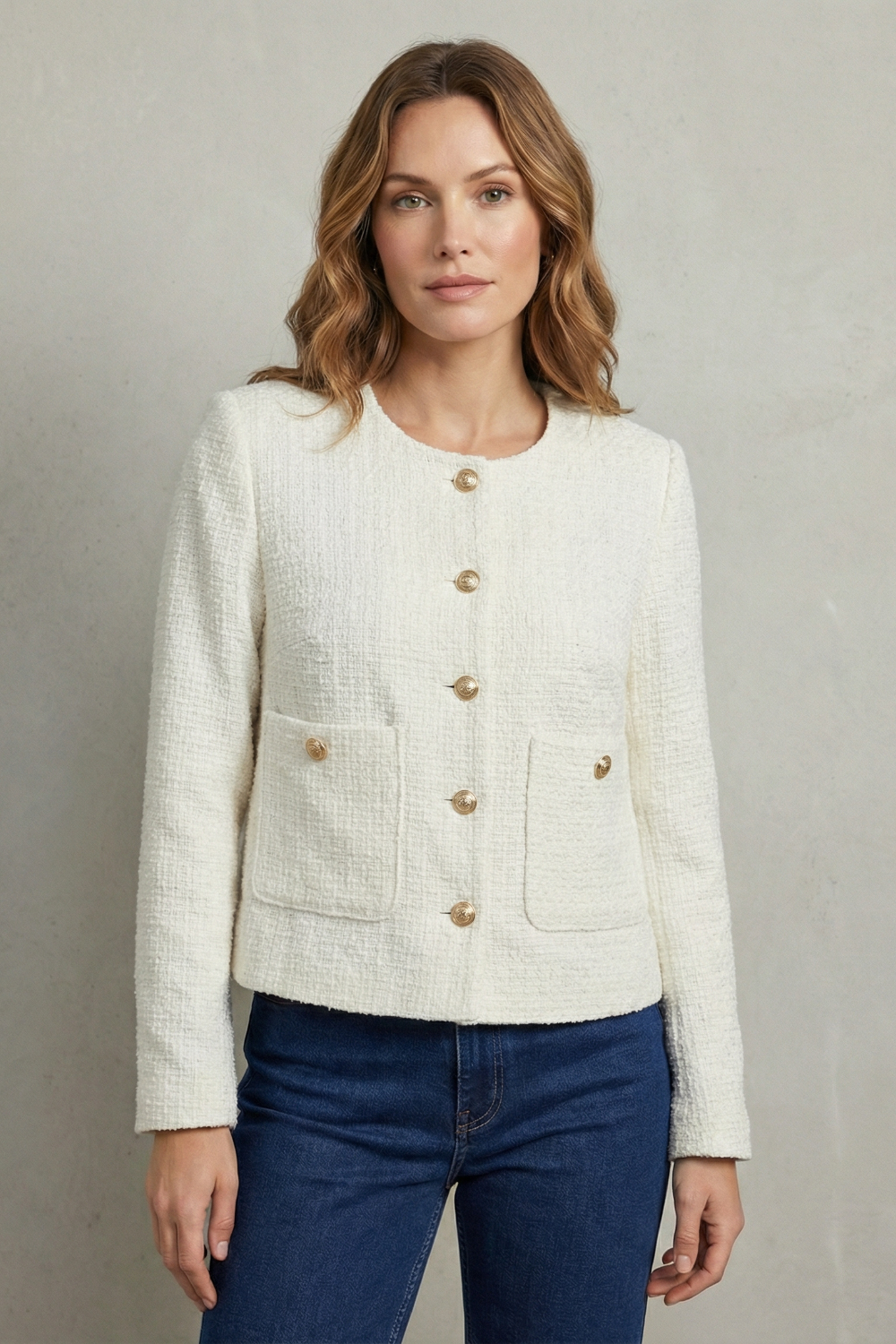 Montarello Women's Cropped Blazer with Round Neck and Gold Buttons