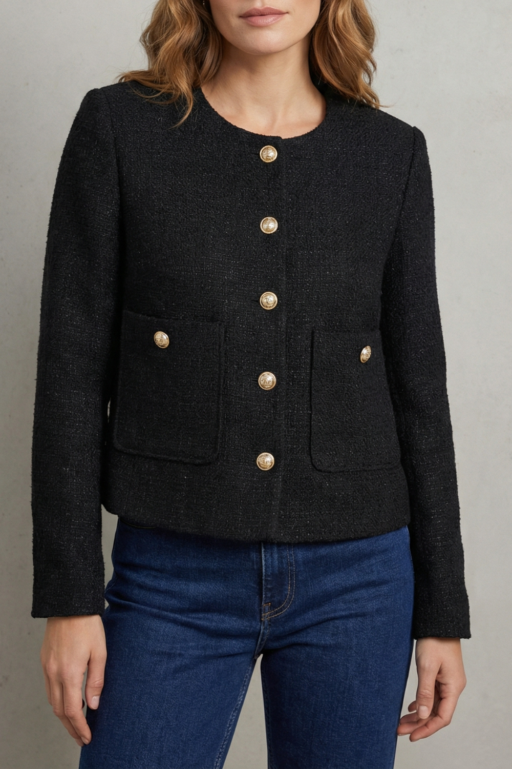 Montarello Women's Cropped Blazer with Round Neck and Gold Buttons